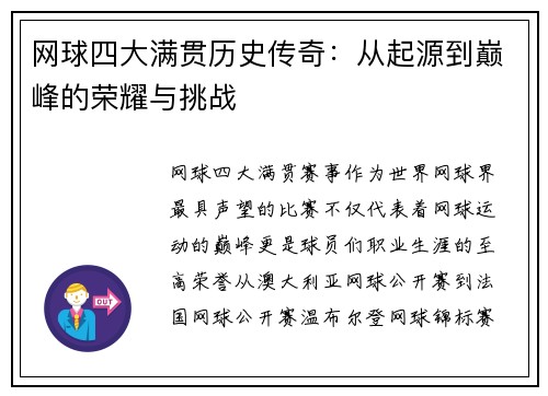 网球四大满贯历史传奇：从起源到巅峰的荣耀与挑战