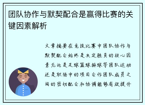 团队协作与默契配合是赢得比赛的关键因素解析