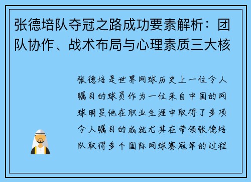 张德培队夺冠之路成功要素解析：团队协作、战术布局与心理素质三大核心秘诀