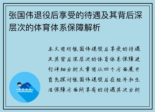 张国伟退役后享受的待遇及其背后深层次的体育体系保障解析